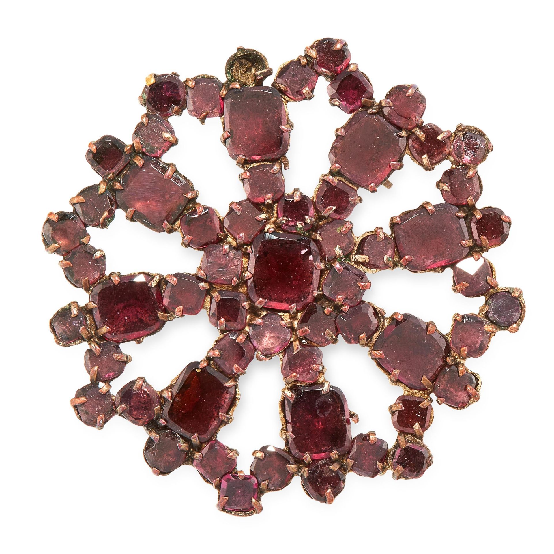 AN ANTIQUE GARNET BROOCH set throughout with round and cushion shaped flat cut garnets, unmarked,