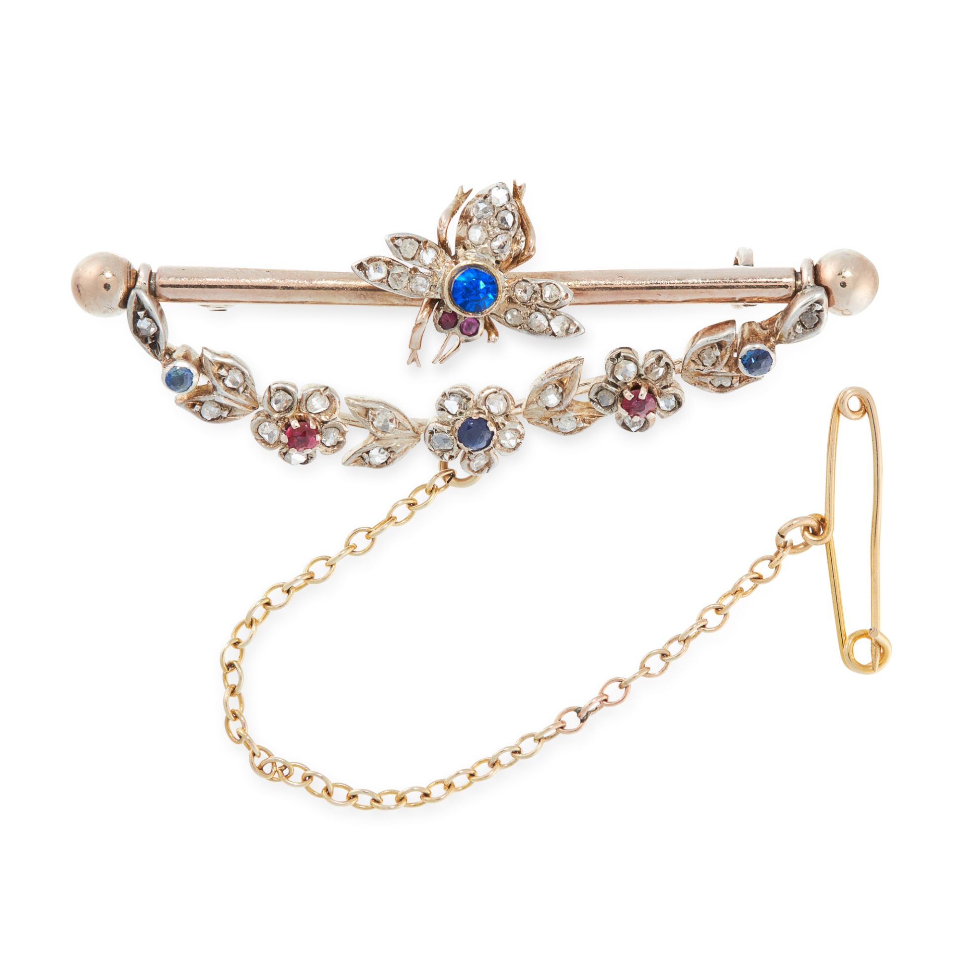 AN ANTIQUE SAPPHIRE, RUBY AND DIAMOND BEE BROOCH in yellow gold and silver, the central bar