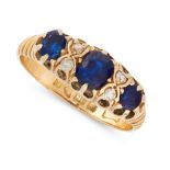 A SAPPHIRE AND DIAMOND RING in 18ct yellow gold, set with alternating oval cut sapphires and round