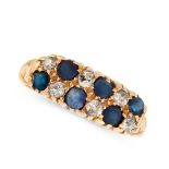 A SAPPHIRE AND DIAMOND RING in 18ct yellow gold, the panel face is set with two rows of