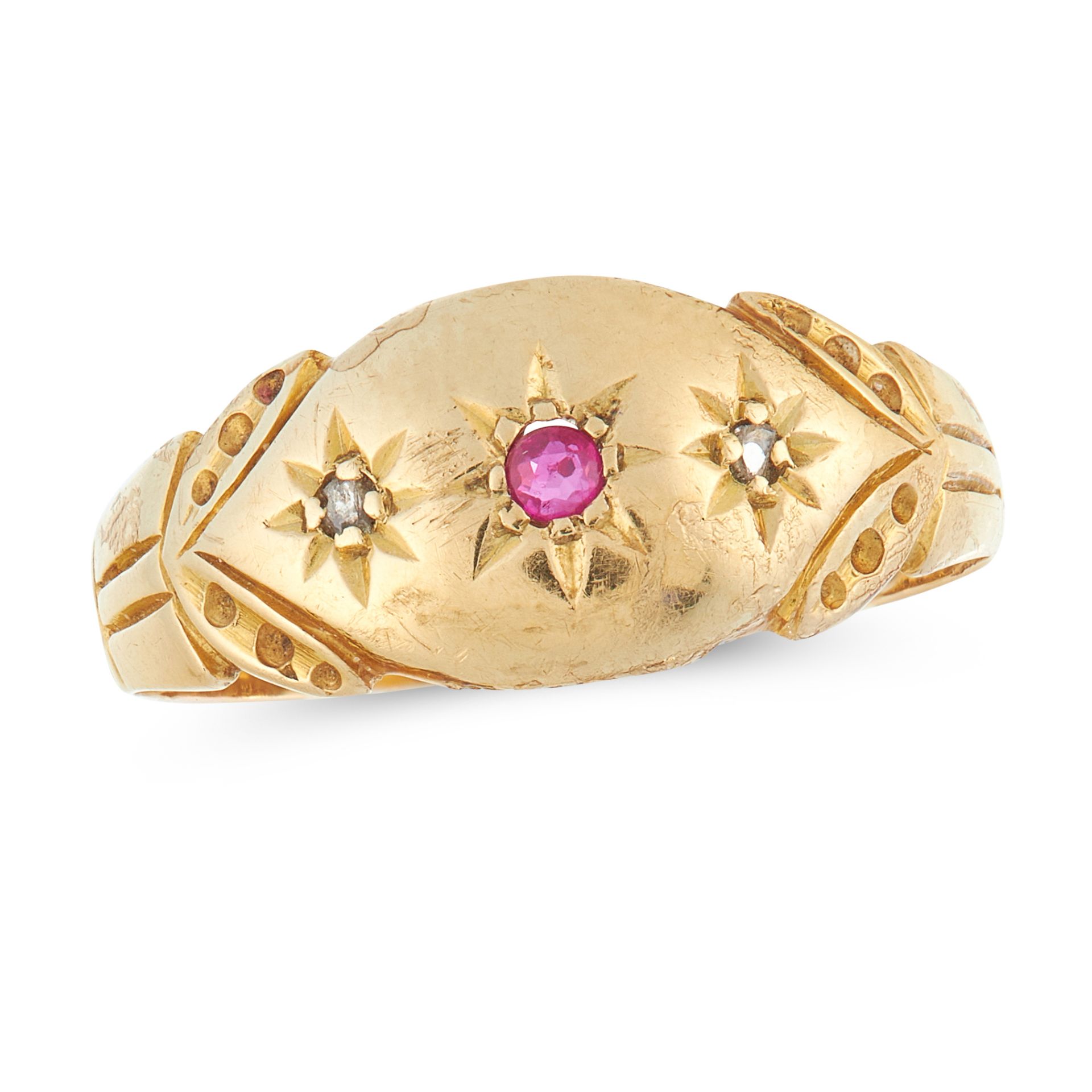 AN ANTIQUE RUBY AND DIAMOND RING in 18ct yellow gold, the gold face is set with a round cut ruby and
