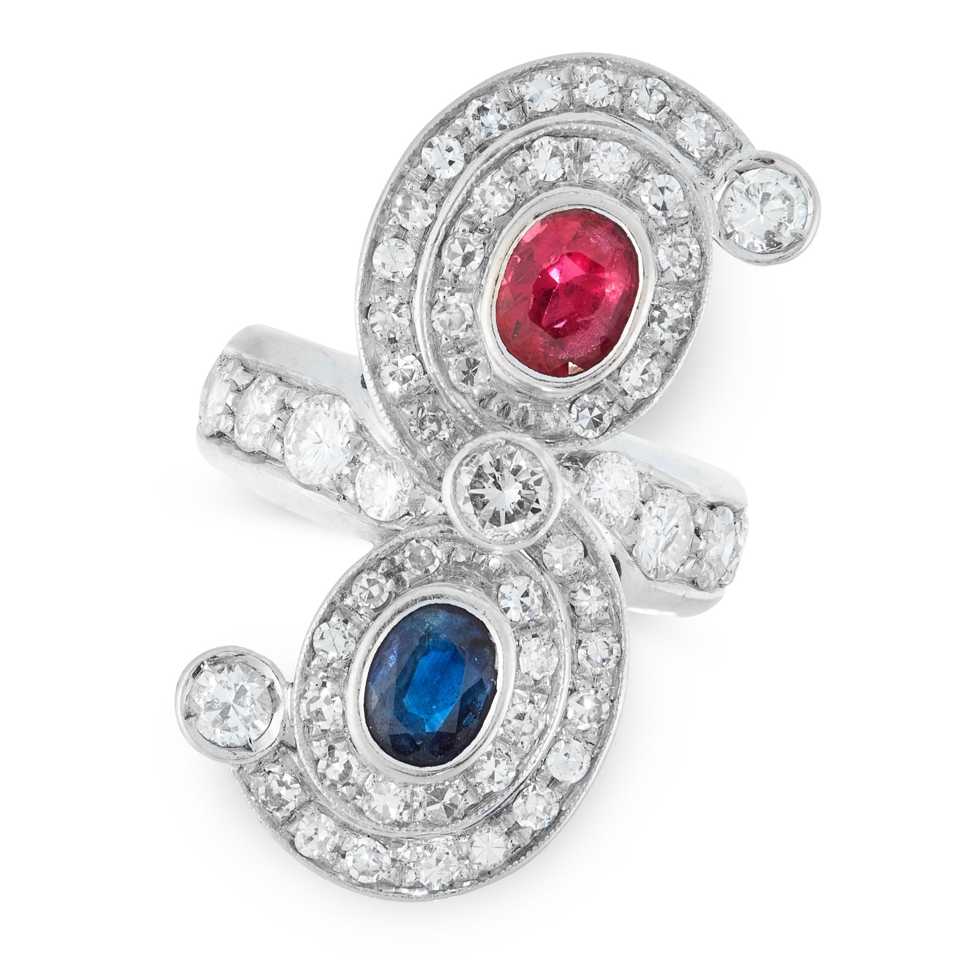 A SAPPHIRE, RUBY AND DIAMOND DRESS RING in 18ct white gold, set with an oval cut ruby and an oval