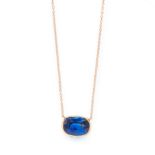 A SYNTHETIC SAPPHIRE PENDANT NECKLACE in 18ct rose gold, set with a cushion cut synthetic sapphire