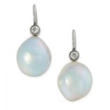 A PAIR OF PEARL AND DIAMOND EARRINGS each set with a round cut diamond above a pearl of 12.5mm and