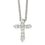 A DIAMOND CROSS PENDANT AND CHAIN in white gold, the cross is set with round cut diamonds