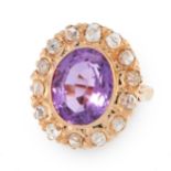 AN ANTIQUE AMETHYST AND DIAMOND DRESS RING, CIRCA 1900 in high carat yellow gold, set with an oval