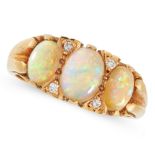 AN OPAL AND DIAMOND DRESS RING in 18ct yellow gold, set with three cabochon opals accented by rose