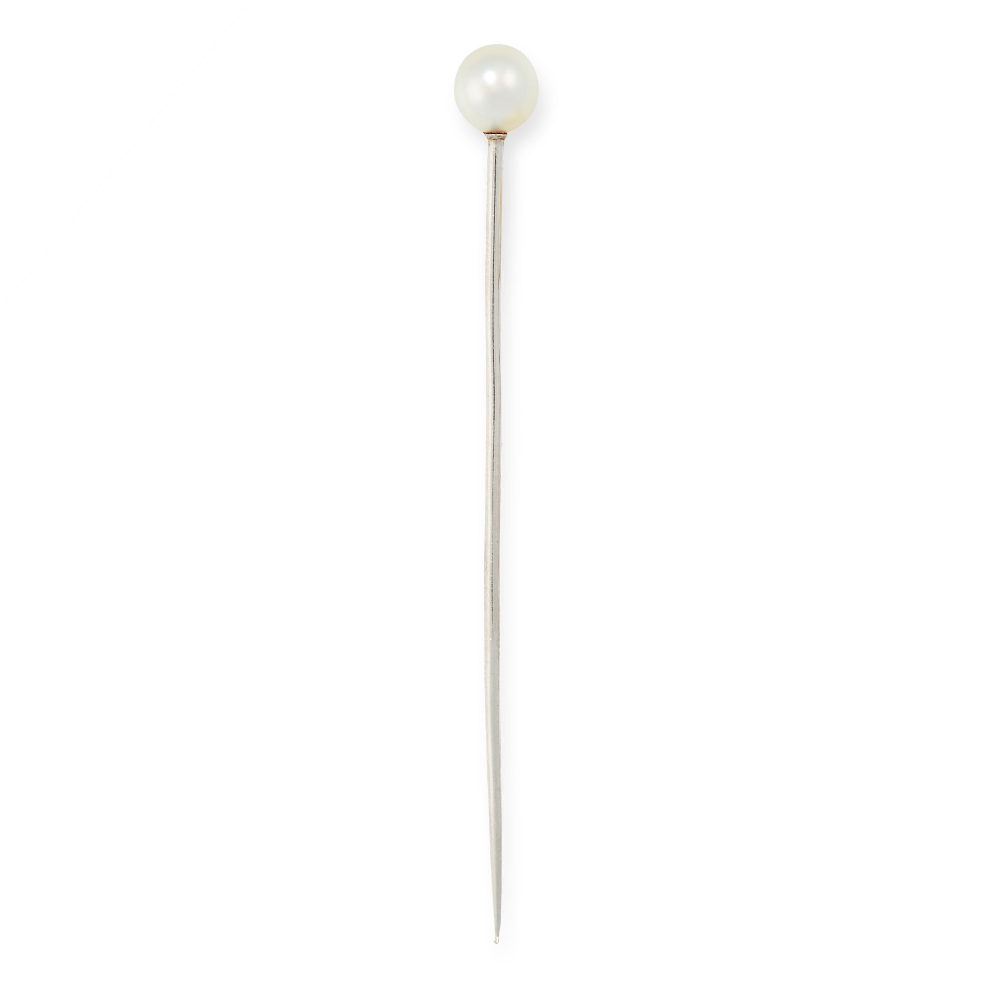 A PEARL STICK PIN BROOCH set with a pearl of 5.9mm, unmarked, 6.3cm, 1.4g.