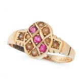 A RUBY AND PEARL RING in 15ct yellow gold, the oval face is set with a row of cushion cut rubies and