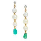 A PAIR OF DIAMOND, PEARL AND EMERALD DROP EARRINGS each set with a round cut diamond, suspending