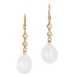 A PAIR OF ANTIQUE FROSTED GLASS AND DIAMOND DROP EARRINGS in high carat yellow gold, each set with a