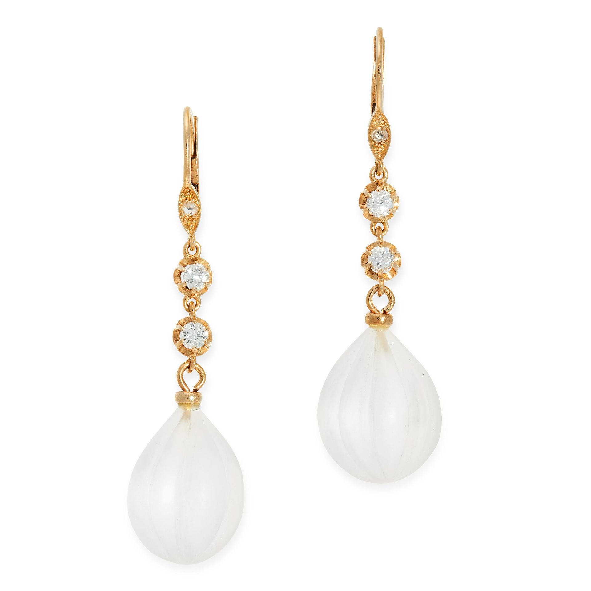 A PAIR OF ANTIQUE FROSTED GLASS AND DIAMOND DROP EARRINGS in high carat yellow gold, each set with a