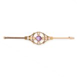 AN ANTIQUE AMETHYST AND PEARL BAR BROOCH, CIRCA 1900 in 15ct yellow gold, set with a round cut