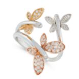 A DIAMOND BUTTERFLY RING in tri colour 18ct gold, in open band design, set with three butterfly