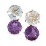 A PAIR OF AMETHYST AND CRYSTAL EARRINGS in 18ct yellow gold, each set with a round cut amethyst