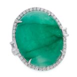 AN EMERALD AND DIAMOND DRESS RING in 18ct white gold, set with a cabochon emerald of 36.20 carats
