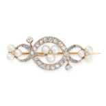 AN ANTIQUE PEARL AND DIAMOND BROOCH in yellow gold and silver, set with a central trio of pearls