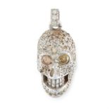 A DIAMOND SKULL PENDANT jewelled all-over with round cut diamonds and set with two champagne round