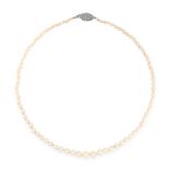 A PEARL AND DIAMOND NECKLACE comprising of a single row of pearls ranging from 3.3mm - 7.7mm in
