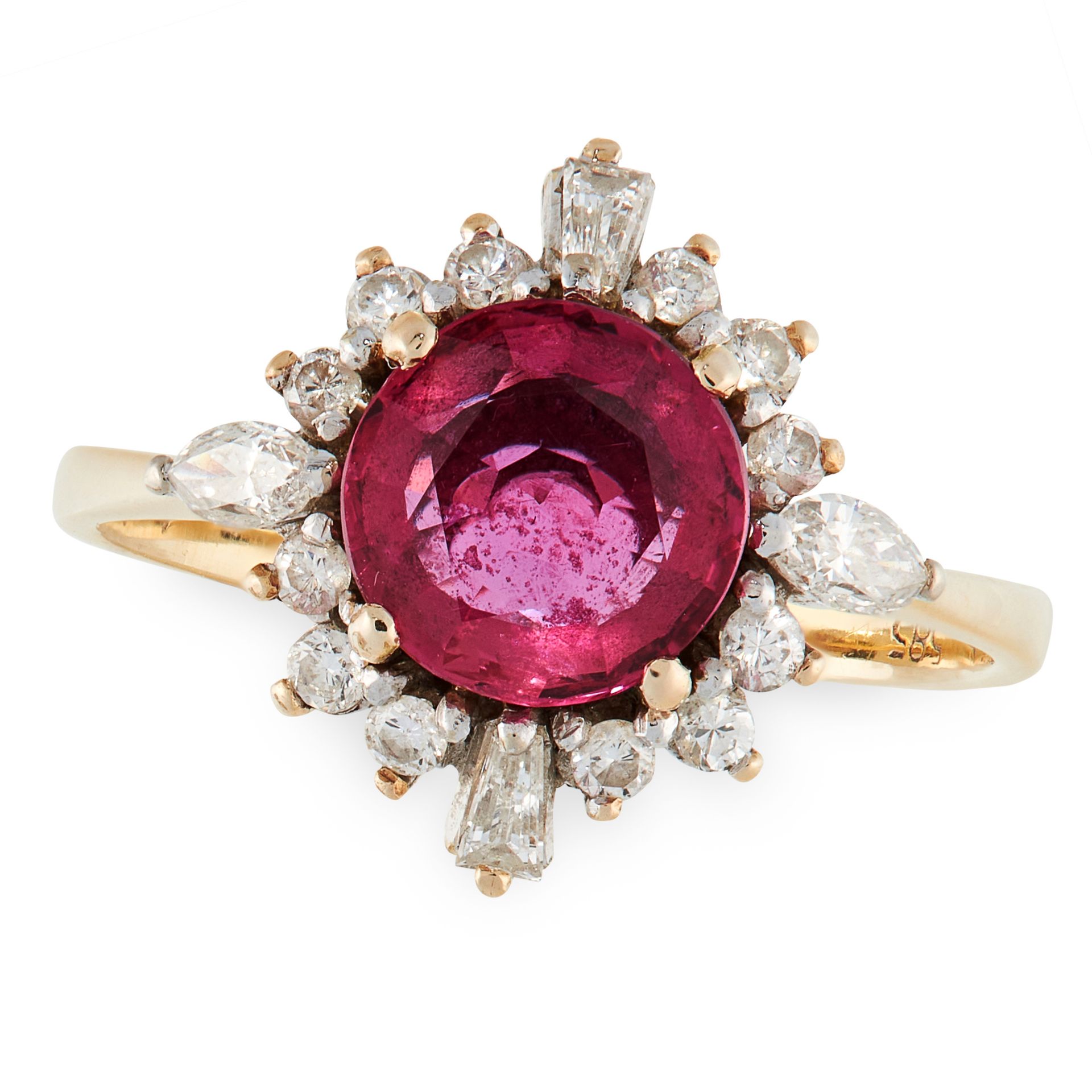 A RUBY AND DIAMOND CLUSTER RING in yellow gold, set with a round cut ruby of 0.75 carats in a border