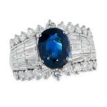 AN UNHEATED SAPPHIRE AND DIAMOND DRESS RING in platinum, set with an oval cut sapphire of 1.87