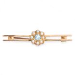 AN ANTIQUE AQUAMARINE AND PEARL BAR BROOCH, CIRCA 1900 in yellow gold, set with a round cut