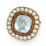 AN AQUAMARINE AND PEARL DRESS RING in 18ct yellow gold, the antique face set with a cushion cut