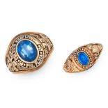 A SET OF TWO COLLEGE RINGS in 10ct yellow gold, each set with an oval cut blue paste, Mary Lithgow