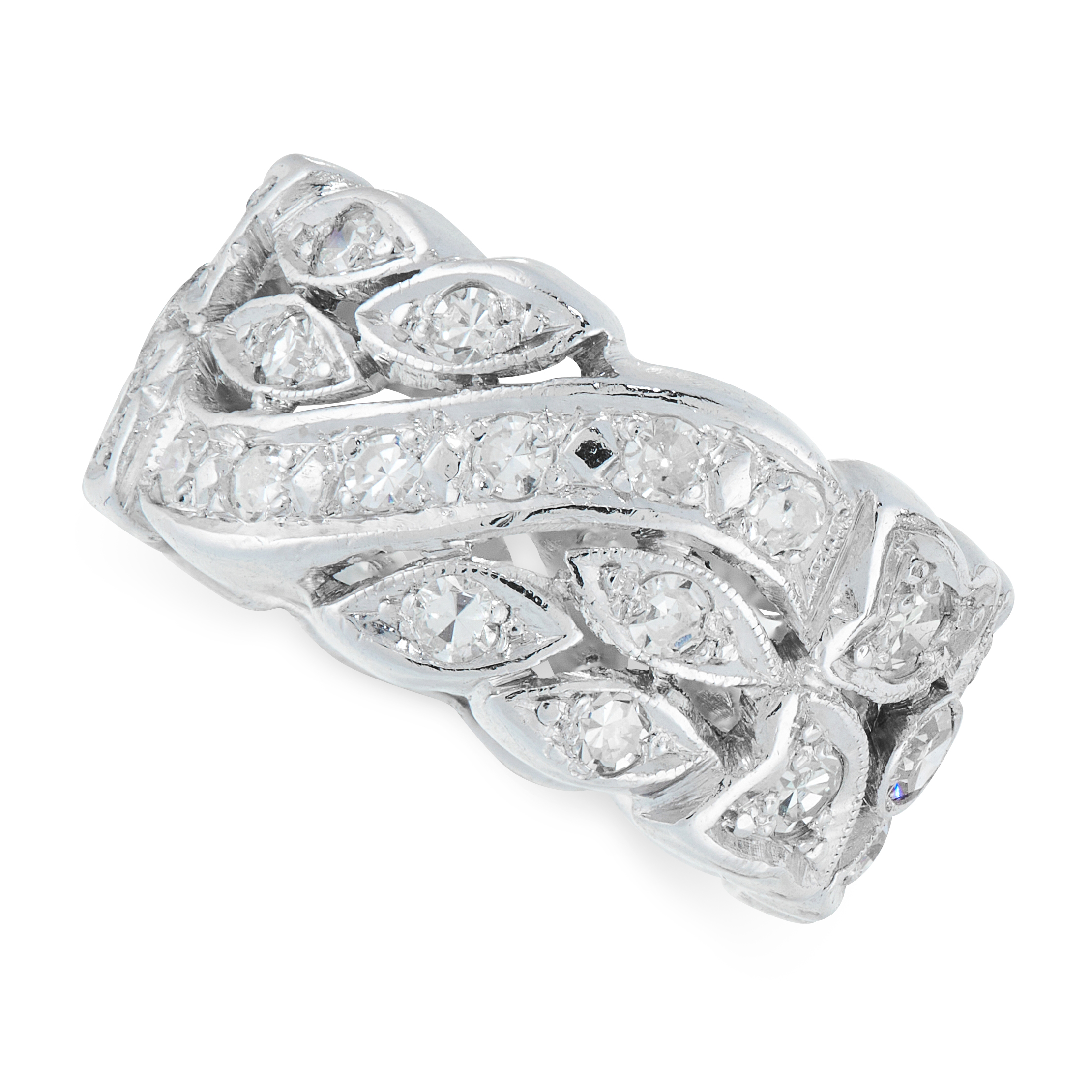 A DIAMOND BAND RING in open framework, set with round cut diamonds, unmarked, size K / 5.25, 6.90g.