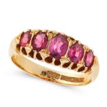 AN ANTIQUE GARNET FIVE STONE RING in 18ct yellow gold, set with five graduated oval cut garnets,