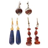 A MIXED LOT OF THREE PAIRS OF EARRINGS including a pair of amber bead earrings, a pair of polished