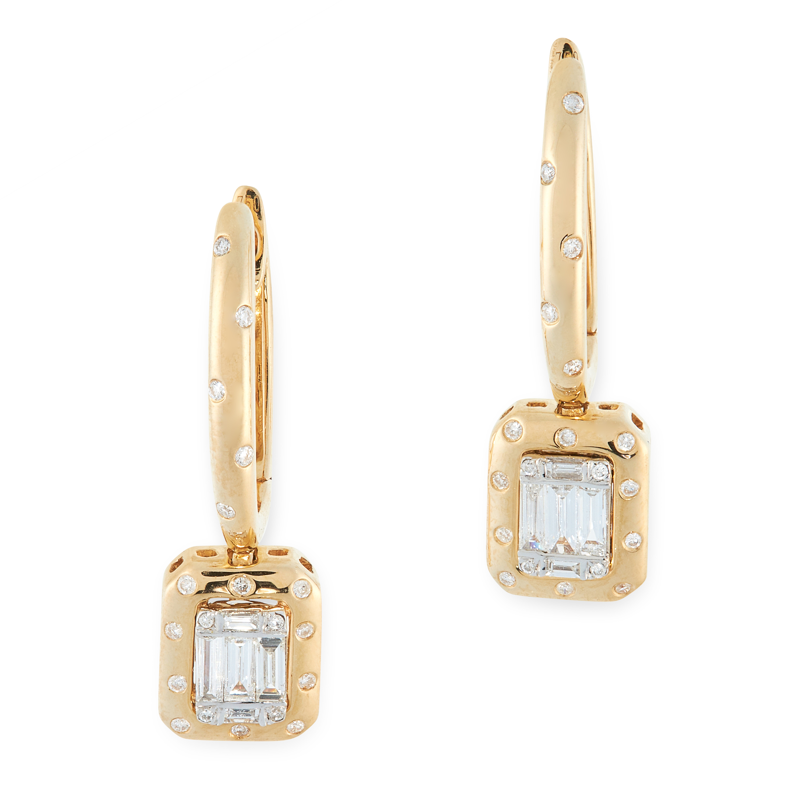 A PAIR OF DIAMOND DROP EARRINGS in 18ct yellow gold, each formed of a hoop jewelled with round cut