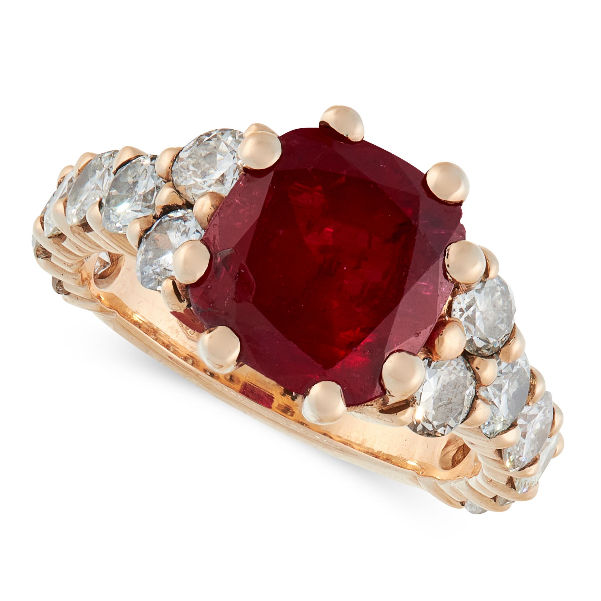 A BURMA NO HEAT RUBY AND DIAMOND DRESS RING in 18ct yellow gold, set with a cushion cut ruby of 4.66