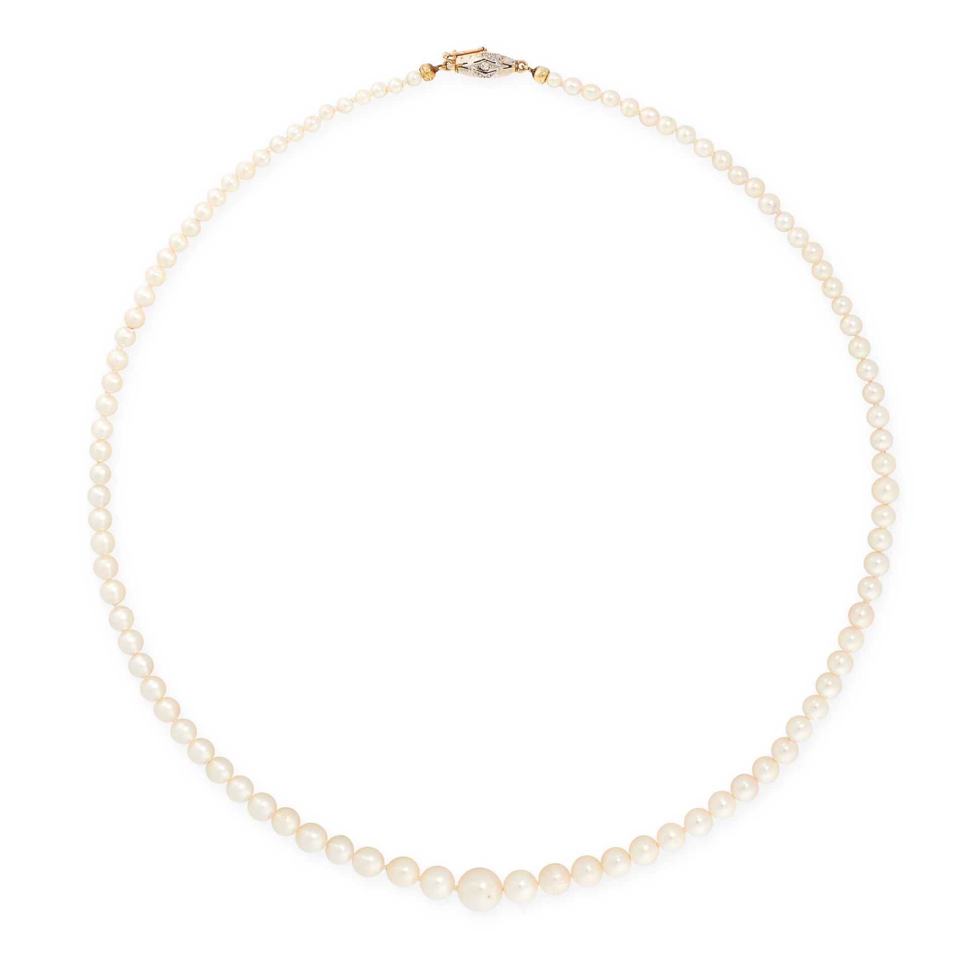 A PEARL AND DIAMOND NECKLACE, 1948 in 18ct yellow gold, comprising a single row of ninety-seven