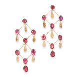 A PAIR OF GARNET CHANDELIER EARRINGS, EARLY 20TH CENTURY in yellow gold, the articulated body of