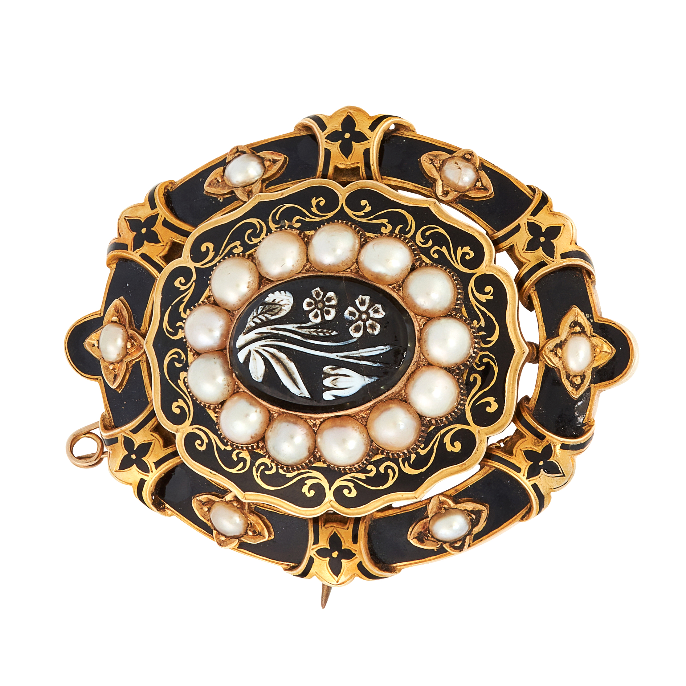 AN ANTIQUE HARDSTONE CAMEO, PEARL, ENAMEL AND HAIRWORK MOURNING LOCKET BROOCH, 19TH CENTURY in