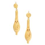 A PAIR OF ANTIQUE EARRINGS, 19TH CENTURY in high carat yellow gold, the articulated, tapering bodies