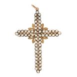 AN ANTIQUE NATURAL PEARL CROSS PENDANT, 19TH CENTURY in 15ct yellow gold, designed as a cross, set