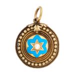 AN ANTIQUE PEARL AND ENAMEL MOURNING LOCKET PENDANT, 19TH CENTURY in high carat yellow gold, set