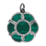 AN ANTIQUE MALACHITE VINAIGRETTE PENDANT in silver, in circular design, set with a central