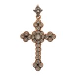 A DIAMOND CROSS PENDANT in yellow gold and silver, set throughout with round cut and rose cut