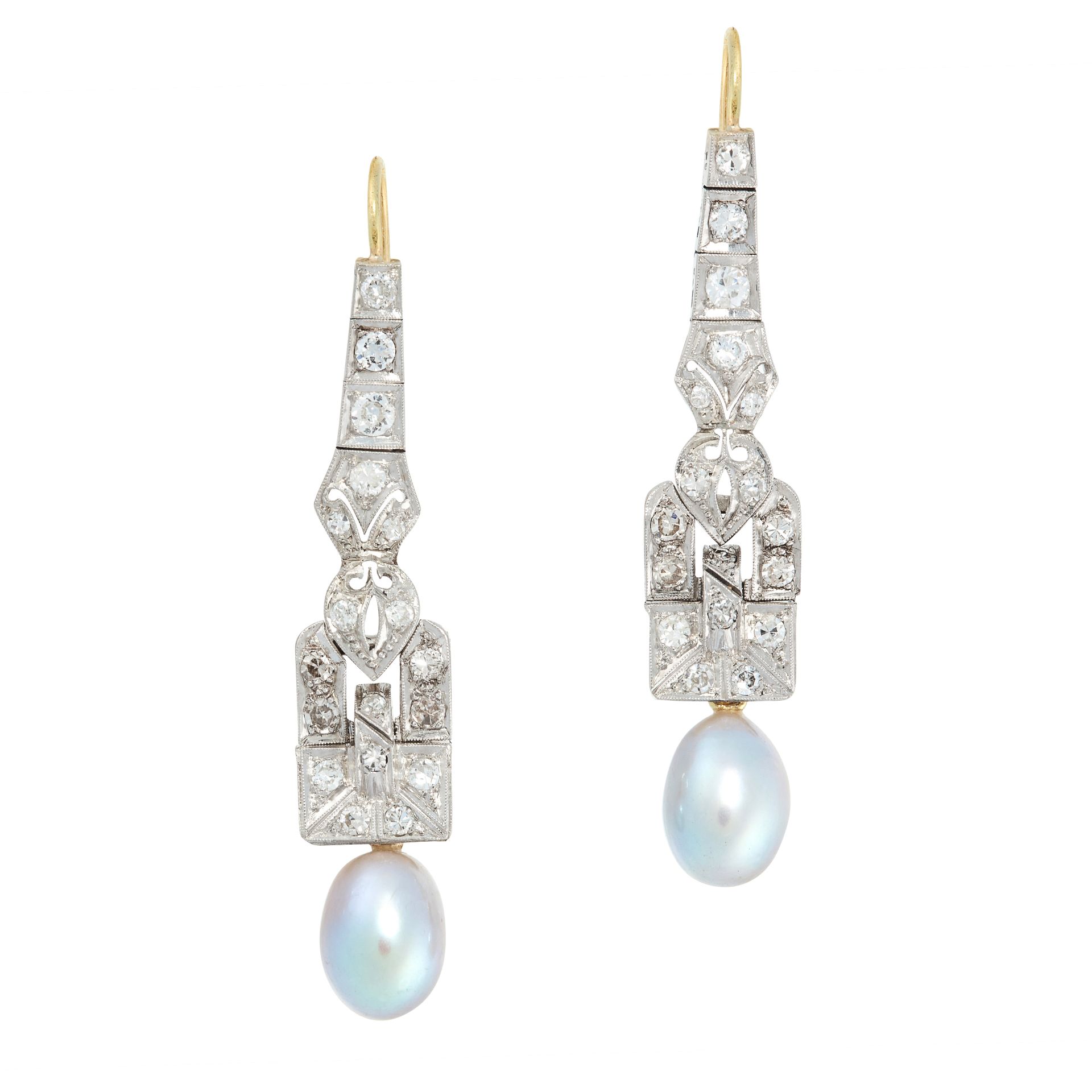 A PAIR OF ART DECO PEARL AND DIAMOND EARRINGS, EARLY 20TH CENTURY in platinum and yellow gold, the