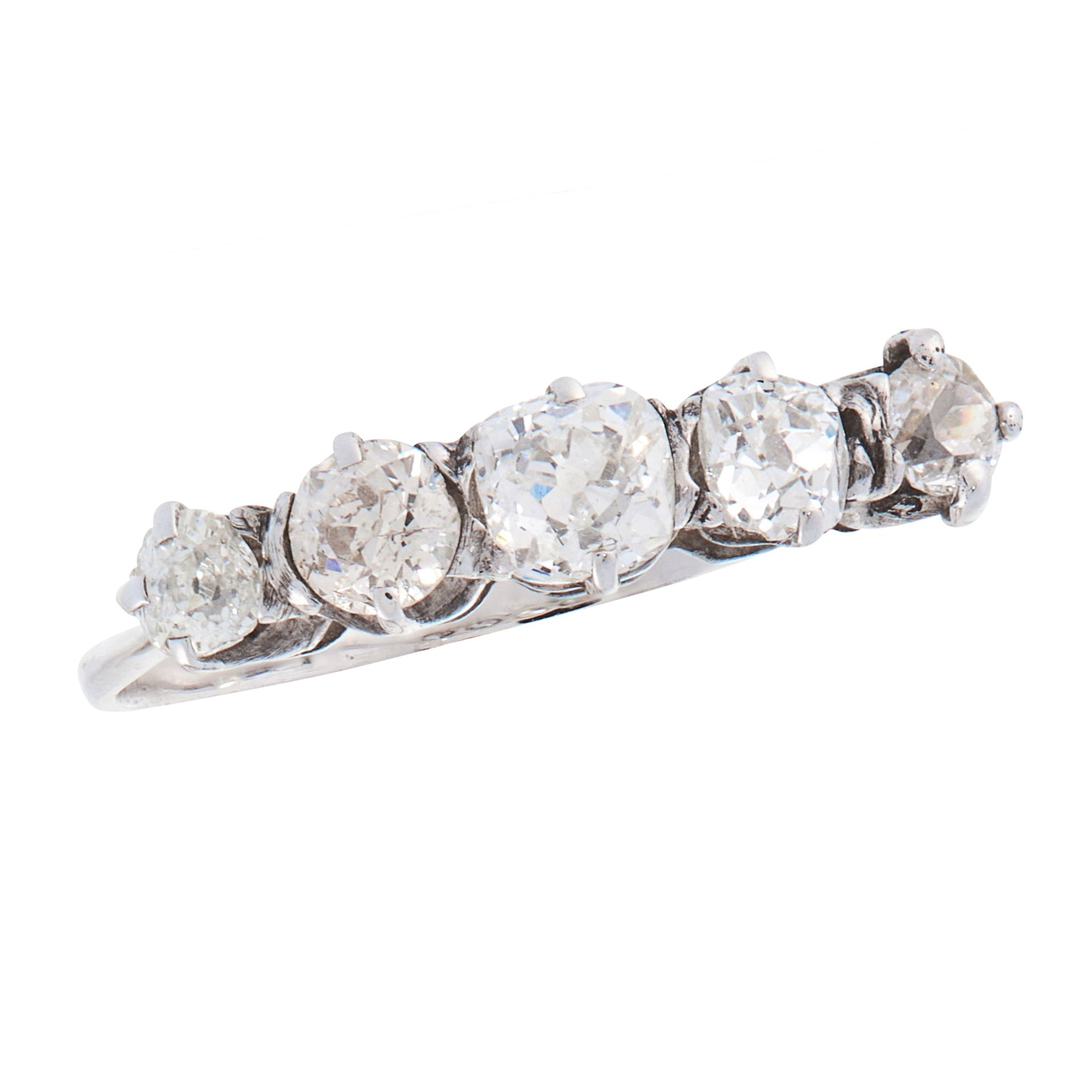 A DIAMOND DRESS RING, EARLY 20TH CENTURY in 18ct white gold, set with five graduated old cut