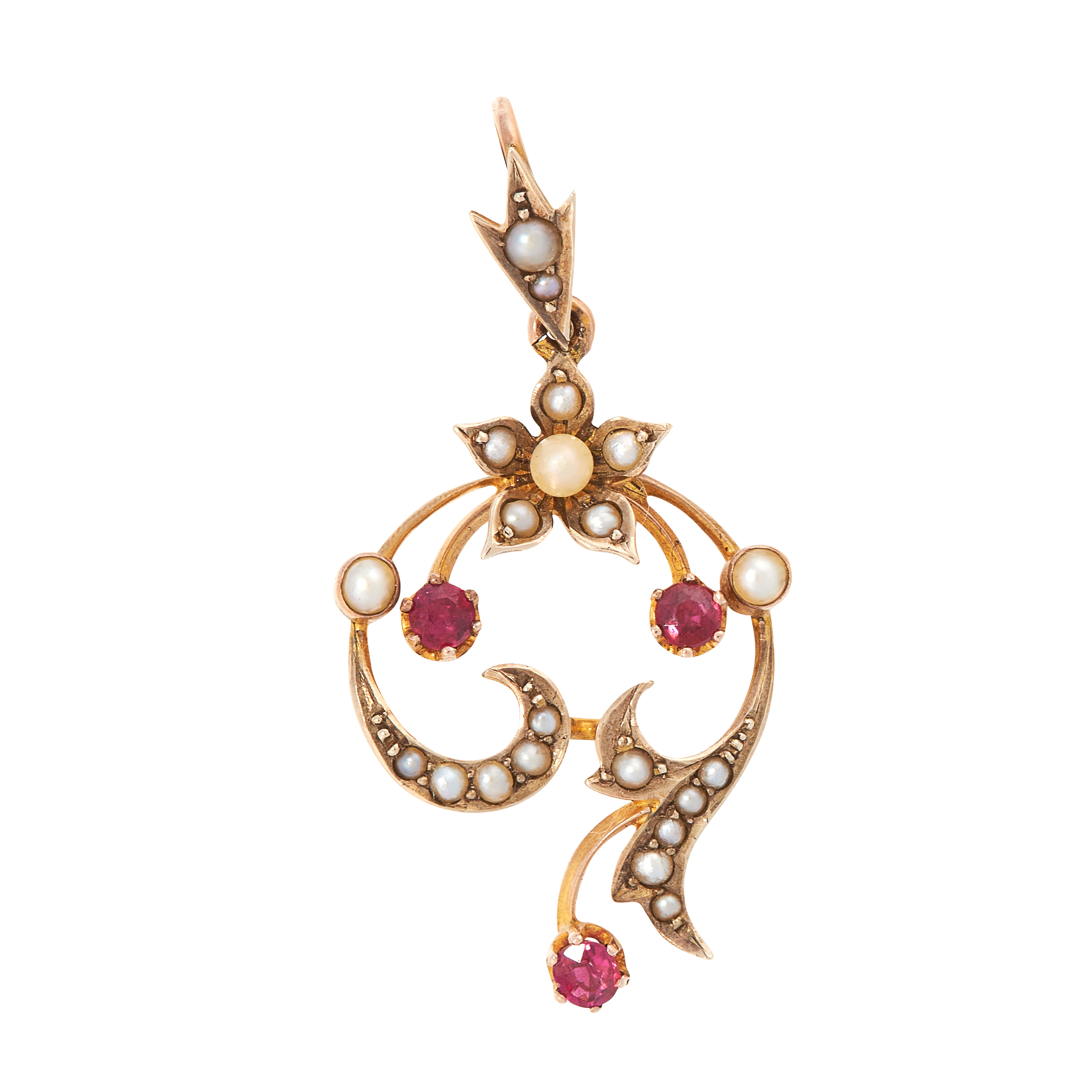 AN ANTIQUE RUBY AND PEARL PENDANT, CIRCA 1900 in yellow gold, of scrolling design, set with a trio