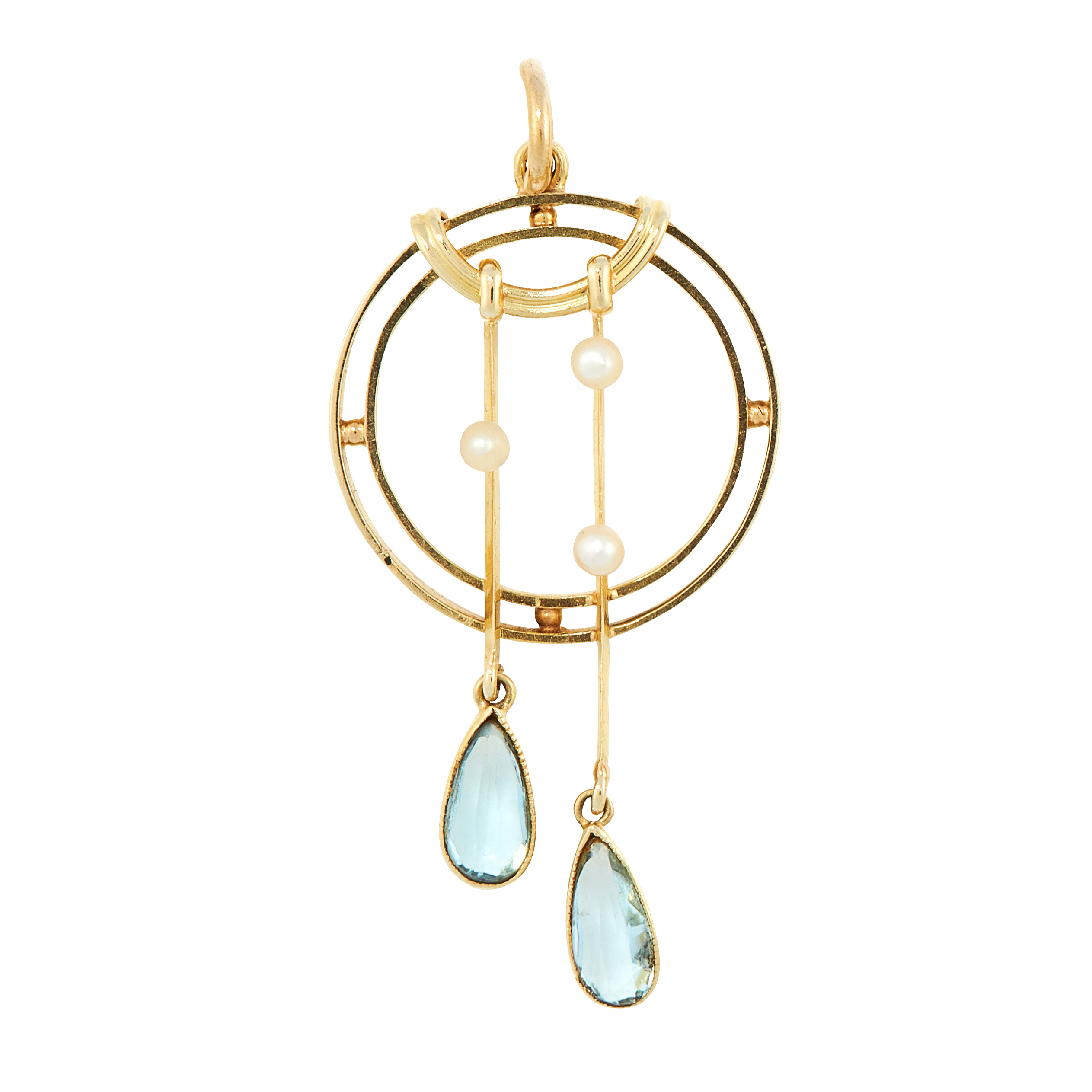 AN ANTIQUE AQUAMARINE AND PEARL PENDANT, CIRCA 1900 in yellow gold, of circular design, suspending