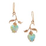 A PAIR OF OPAL EARRINGS in high carat yellow gold, each set with a heart shaped opal cabochon