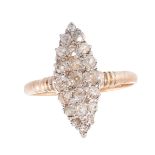 AN ANTIQUE DIAMOND DRESS RING, CIRCA 1900 the marquise shaped face set with old cut diamonds, marked