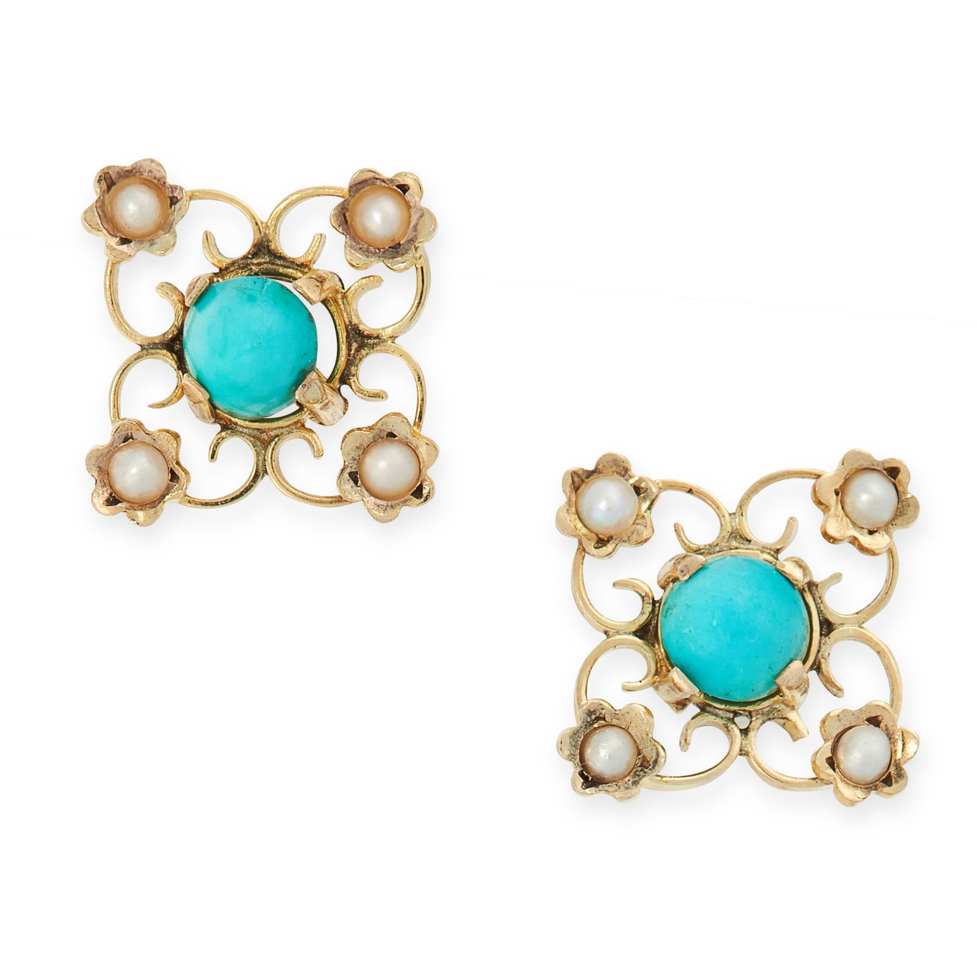 A PAIR OF ANTIQUE TURQUOISE AND PEARL STUD EARRINGS in yellow gold, each set with a cabochon