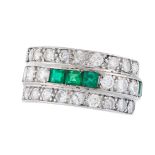 AN EMERALD AND DIAMOND DRESS RING, CIRCA 1940 in platinum, the band set alternately with rows of