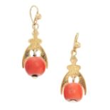 A PAIR OF ANTIQUE CORAL DROP EARRINGS, 19TH CENTURY in high carat yellow gold, each set with a